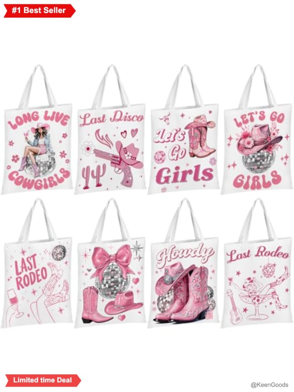 8 Pc Canvas Western Cowgirl Tote Bags Reusable Grocery Shoulder Bags Set